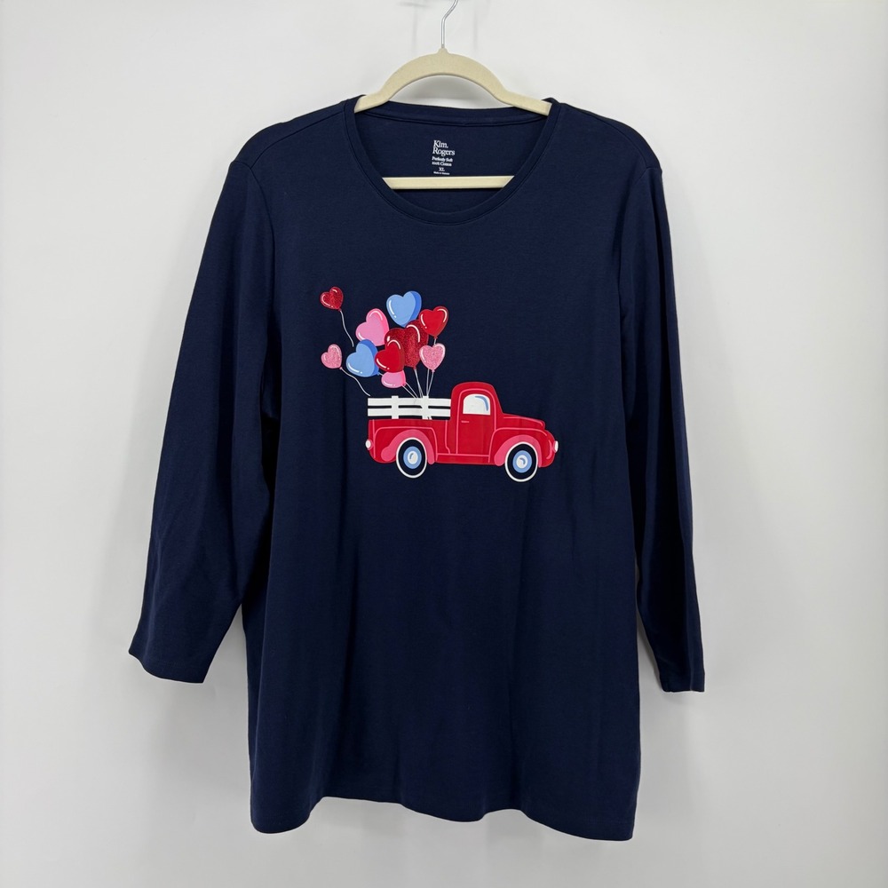 Kim Rogers Womens XL Navy Blue Long Sleeve Red Truck Heart Graphic Tee Shirt